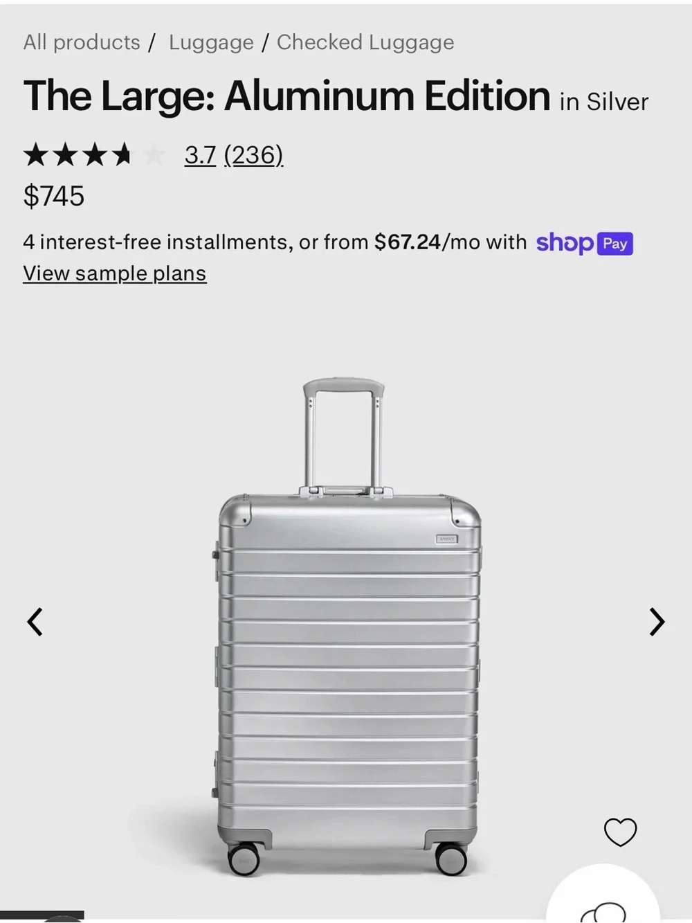 Away The Large Aluminum Edition Checked Luggage in Silver